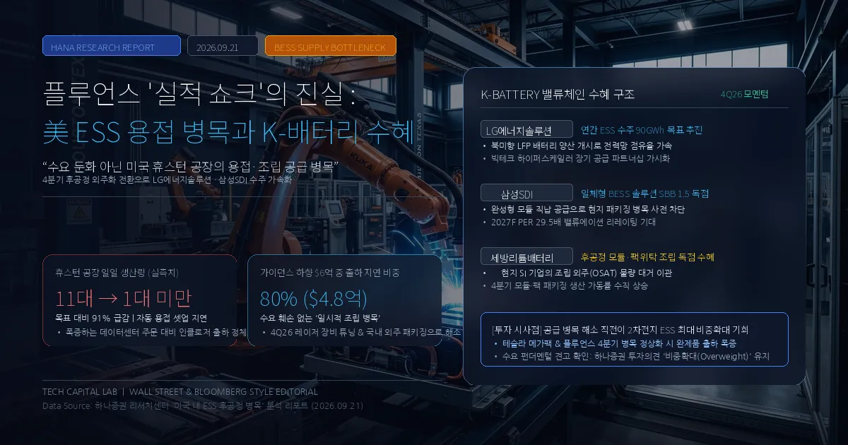 ESS 대장주 플루언스 실적 쇼크인데 왜 사야할까? 하나증권 미국 용접 병목과 K-배터리 후공정 수혜 분석