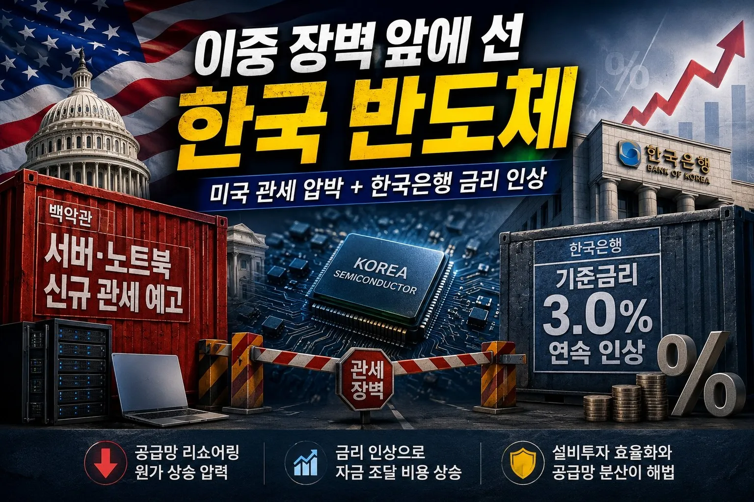 미국 반도체 리쇼어링 관세 압박과 한국은행 연속 금리 인상, 거시경제 이중 장벽 앞에 선 한국 반도체